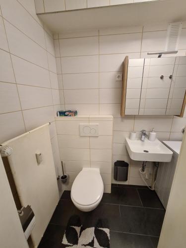 La petite salle de bains est pourvue de toilettes et d'un lavabo. dans l'établissement Center Apartment, à Essen