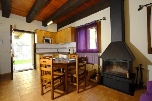 a kitchen with a dining table and a fireplace at Balcon del Pirineo Rural Ordesa in Buesa