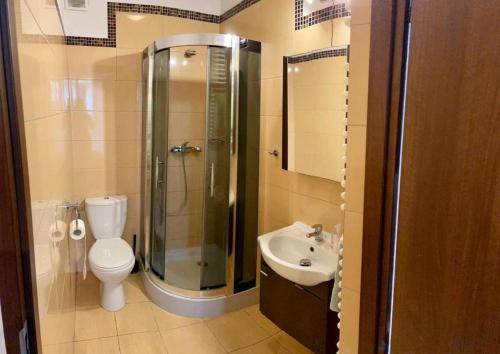 a bathroom with a shower and a toilet and a sink at Apartament Promenada II in Ostróda