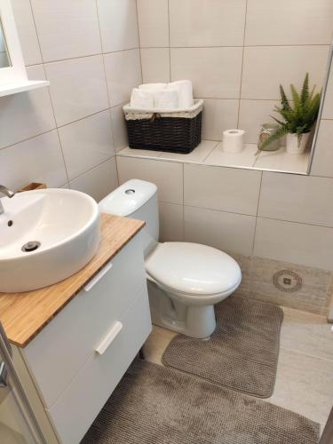 een badkamer met een wit toilet en een wastafel bij Apartment Bianco Central in Sibiu
