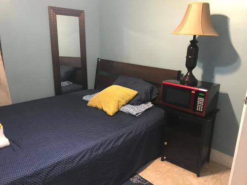 a bedroom with a bed with a television and a lamp at Cozy Guest House Florida, Tamarac in Tamarac