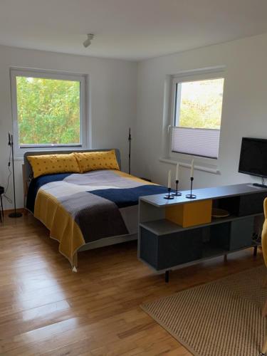 1 dormitorio con 1 cama, escritorio y 2 ventanas en Saunahäuschen, en Schmilau