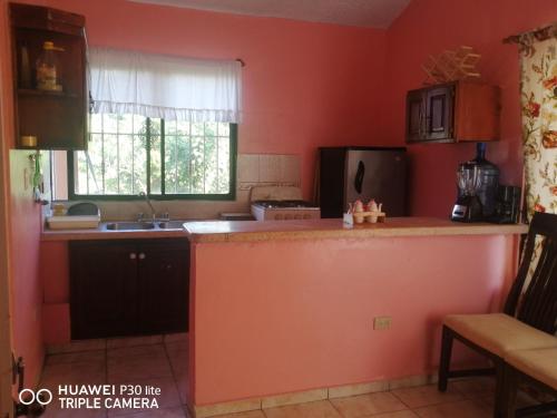 a kitchen with red walls and a counter and a sink at Las colinas de Samaná in Santa Bárbara de Samaná