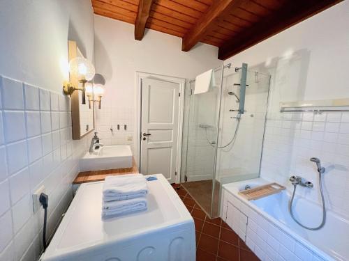 uma casa de banho com um chuveiro, um lavatório e uma banheira em 2 Zimmer Business Wohnung mit Terrasse em Ahrensburg