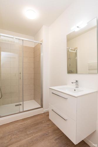 une salle de bain blanche avec une douche et un lavabo dans l'établissement LE DUPLEX - T6 COEUR DE ViLLE, à Agen