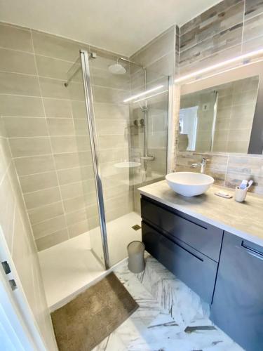 une salle de bain avec un lavabo et une douche dans l'établissement TRIANGLE D OR 55m2 en bord de plage, à Saint-Raphaël