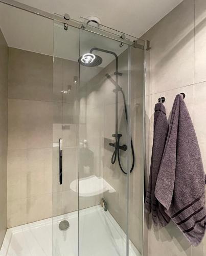 a bathroom with a shower with a glass door at OFF Side Story Apartment in Łódź