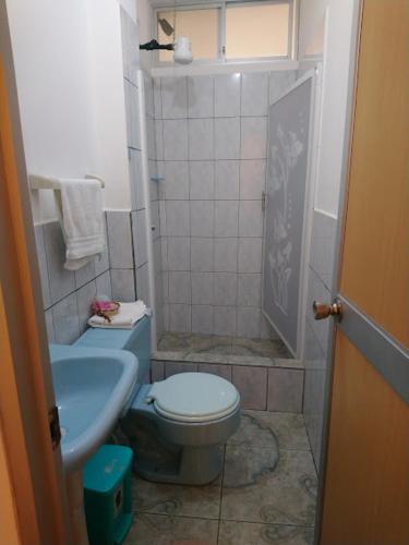 a small bathroom with a toilet and a sink at Hostal Terito in Puerto Baquerizo Moreno