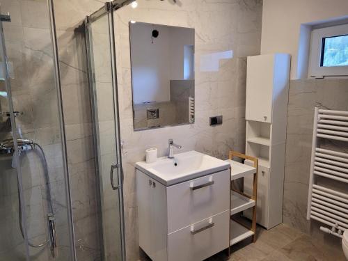 a bathroom with a white sink and a shower at Apartamenty Wisła Lipowa 16 in Wisła