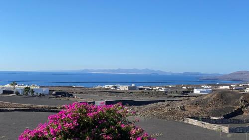 a view of a town with pink flowers at Casa Camelio in Mácher