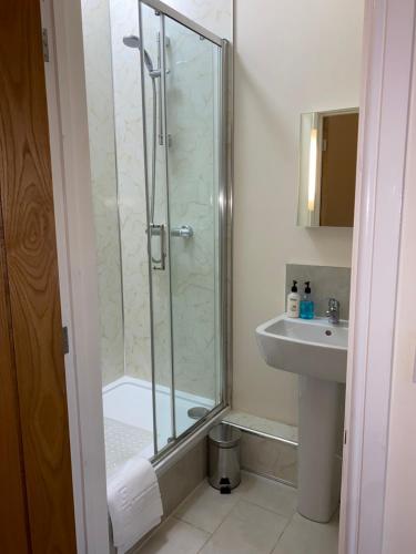 a bathroom with a shower and a sink at Woodhouse Farm Lodge in Spalding