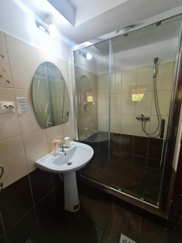 ein Badezimmer mit Waschbecken und Dusche in der Unterkunft Candy Pensiune&Restaurant in Dumbrava Roşie