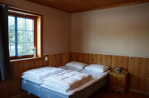 a bedroom with a bed and a window at Ljøra Lodge - Home of nature and peace - All year in Ljørdalen