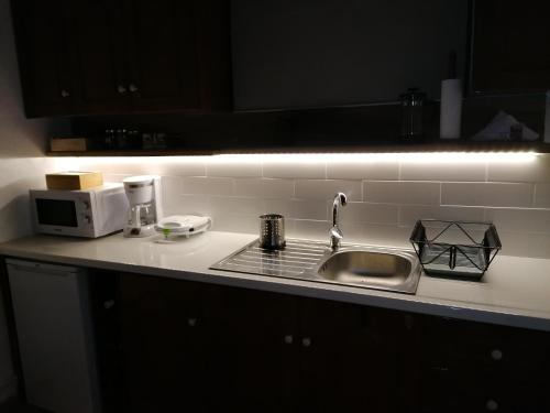 a kitchen counter with a sink and a microwave at Ξενώνας Το Πατρικό in Synikia Mesi Trikalon