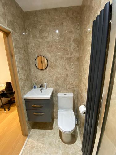 uma casa de banho com um WC, um lavatório e um espelho. em Double Bedroom with en-suite shower & free parking em Belvedere