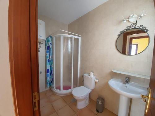 La salle de bains est pourvue de toilettes, d'un lavabo et d'un miroir. dans l'établissement EL ERIZO, à Caleta de Sebo
