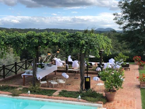 a patio with a table and chairs next to a pool at LA FORNACE in Asciano