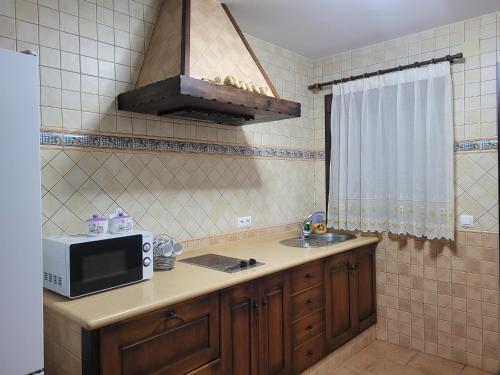 a kitchen with a microwave and a sink at El Corral de Dolores in El Bosque