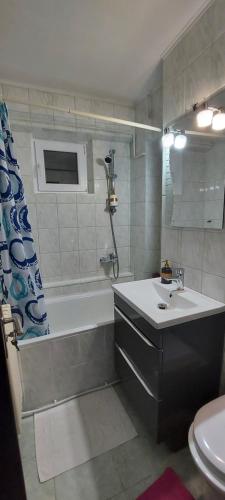 y baño con lavabo, bañera y aseo. en Bucovina Confort Apartament en Suceava