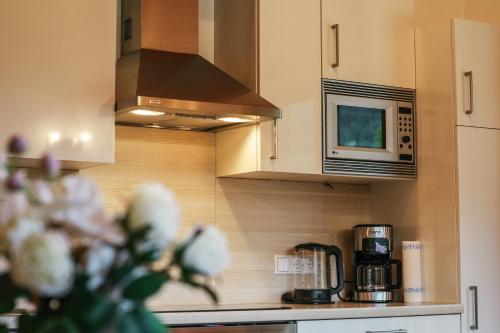 a kitchen with a coffee maker and a microwave at Siegi's Apartments in Hof