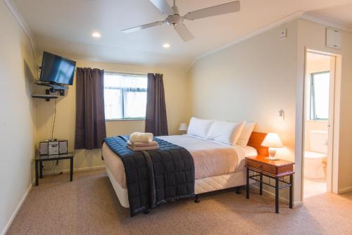 a bedroom with a bed and a television in it at Hamilton Settlers Motor lodge in Hamilton