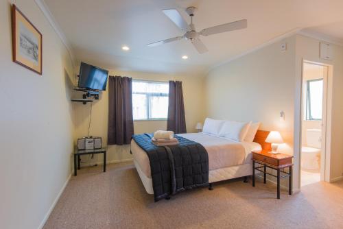 a bedroom with a bed and a flat screen tv at Hamilton Settlers Motor lodge in Hamilton
