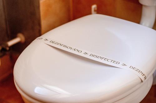 a toilet seat with a tape measure on it at Apartments Haus Martin in Bayerisch Eisenstein