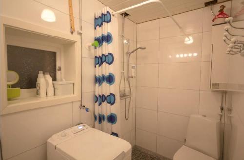 a white bathroom with a toilet and a shower at Nice little house right by the sea, stunning view! in Renså