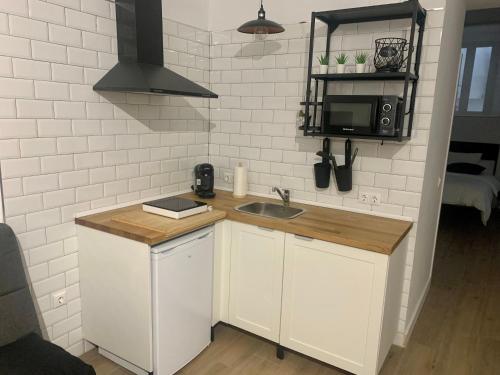 cocina con fregadero y microondas en Puerta de Caceres Apartamento 1, en Cáceres