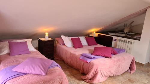 a bedroom with two beds with pink and purple pillows at Villa Le Agavi & Spa in Scarlino