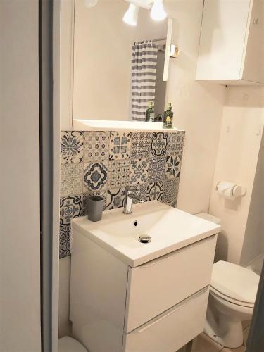 une salle de bain avec un lavabo blanc et des toilettes dans l'établissement Studio Meublé L'Orée du Parc, à Aix-les-Bains