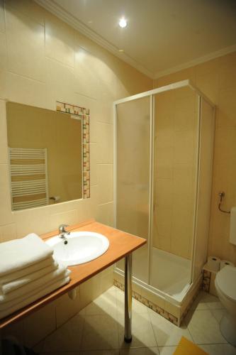 a bathroom with a sink and a shower at Wellness Park Pension in Gyenesdiás