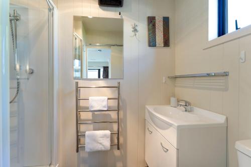 uma casa de banho com um chuveiro, um lavatório e um espelho. em Riverside Three Bedroom - Remarkable Views em Queenstown