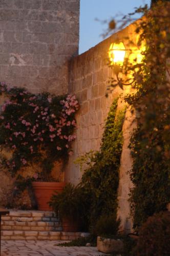 a brick wall with flowers and a light on it at Castello Conti Filo in Torre Santa Susanna