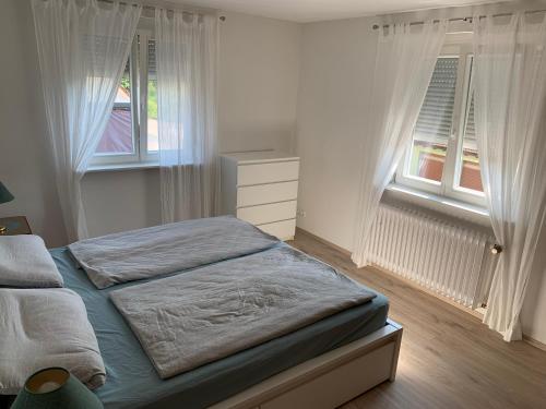 a bedroom with a bed and two windows at Appartement Martha in Laufenburg