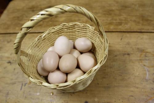 a bunch of eggs in a basket on a table at Desert Dew Guest House in Hutchinson