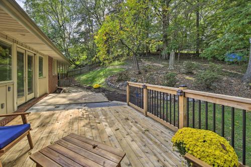 a wooden deck with a bench and a fence at Updated Ranch-Style Home with Scenic Deck, Pond in Kingsport
