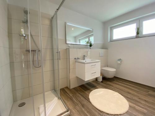 a bathroom with a shower and a sink and a toilet at REGIOHOTEL Naturresort Ilsenburg in Ilsenburg