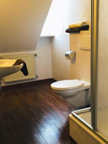 a bathroom with a toilet and a sink at Landgasthof Ostermair in Petershausen