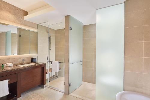 a bathroom with a shower and a toilet and a sink at Radisson Blu Hotel, Conakry in Conakry