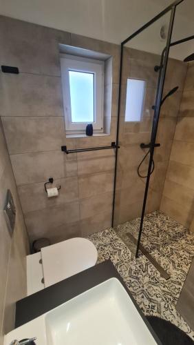 a bathroom with a shower and a toilet and a tub at Załakowo, Na Gwizdówce 11 in Załakowo
