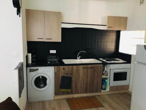 une cuisine avec un évier et une machine à laver dans l'établissement Appartement Entier 38m2 T2 Hyper Centre de DAX, à Dax