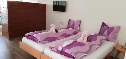 two beds with pink and purple blankets and pillows at Fortuna 216 und 116 in Leukerbad