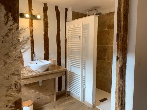 a bathroom with a sink and a shower at L'Ecole des Demoiselles in Honfleur