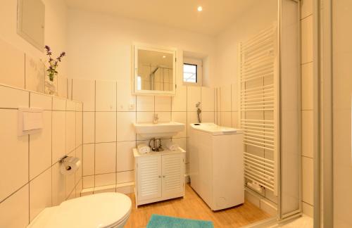 a white bathroom with a toilet and a sink at Ferienwohnung Seestern für 6 Personen mit Kamin & Terrasse in Boltenhagen