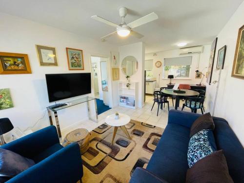 a living room with a blue couch and a tv at TOP LOCATION CONVENIENT QUIET WIFI NETFLIX WINE in Perth