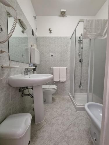 y baño con lavabo, aseo y ducha. en Borghetto Hotel, en Santa Marinella