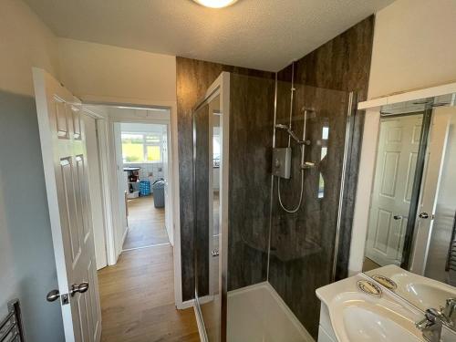 La salle de bains est pourvue d'une douche et d'un lavabo. dans l'établissement Swn Y Wylan, à Abersoch