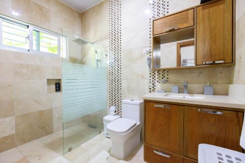 a bathroom with a toilet and a shower and a sink at Villa Alida Nagua Pool Beach Dailymaid & Bbq in Matancita