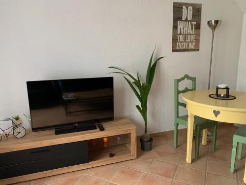 un salon avec une télévision sur un support en bois et une table dans l'établissement F-Cottage duplex Golf de Limère proche Orleans, à Ardon